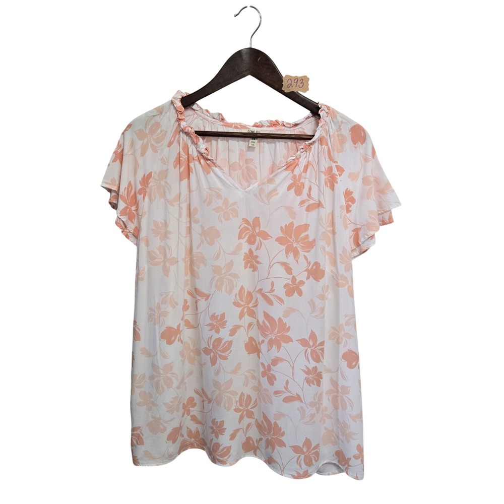 Como Blu Women 1X Peach Floral Ruffle V-Neck Rayon Blouse Short Sleeve